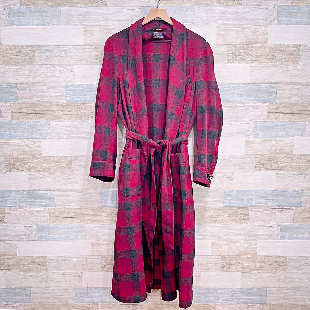 Pendleton Vintage Virgin Wool Robe Red Gray Tartan Plaid Belted Mens Medium